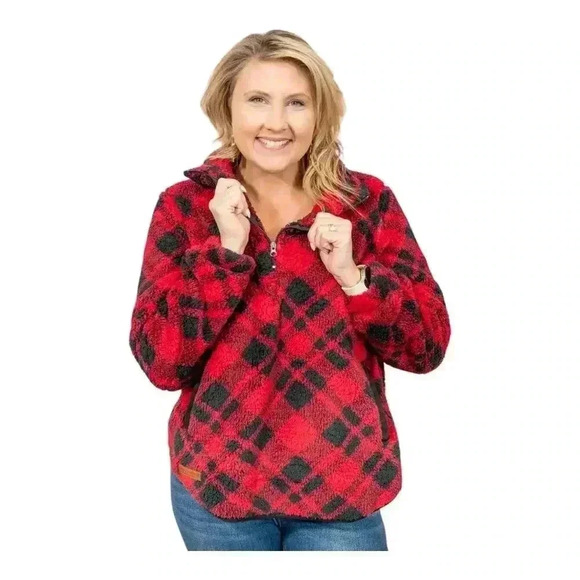 Simply Southern Red/Black Plaid Quarter Zip Sherpa, XL - Picture 1 of 7